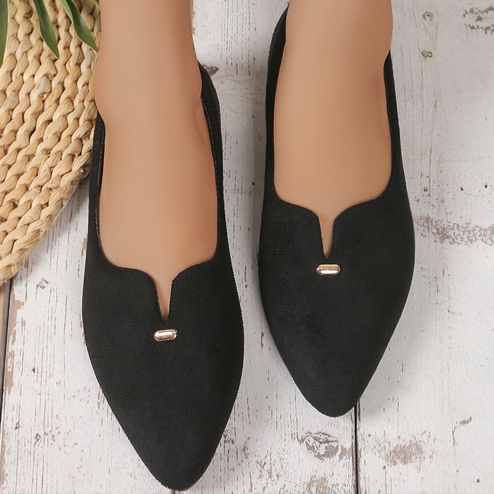 Gold Metal Pointed Toe Flat Soft Vegan Suede Minimalist Slip-On Ballet Shoes